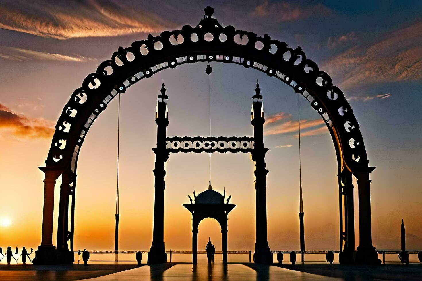 a large archway with a sunset in the background. AI-Generated photo