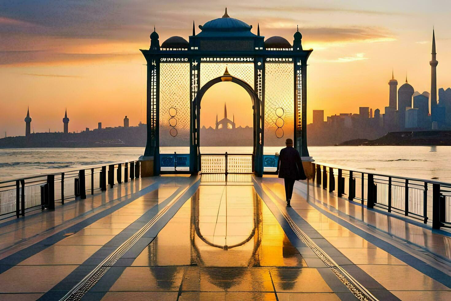 a man walks on a pier overlooking the city at sunset. AI-Generated photo