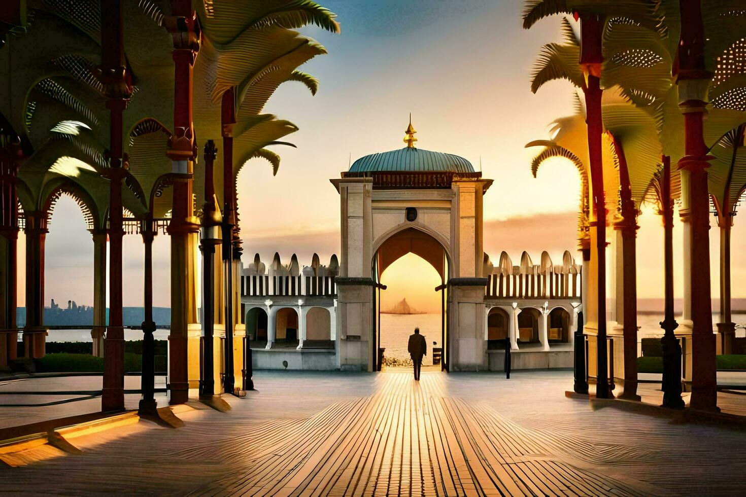 a man walking through an archway in front of palm trees. AI-Generated photo