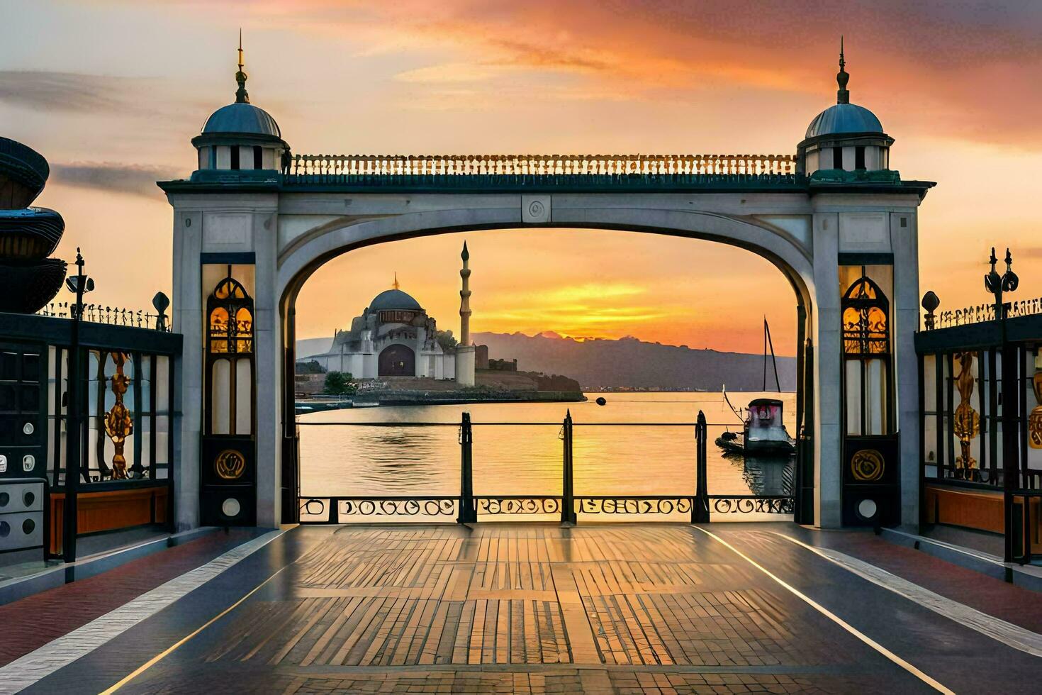 the sun sets over the water and a bridge. AI-Generated photo