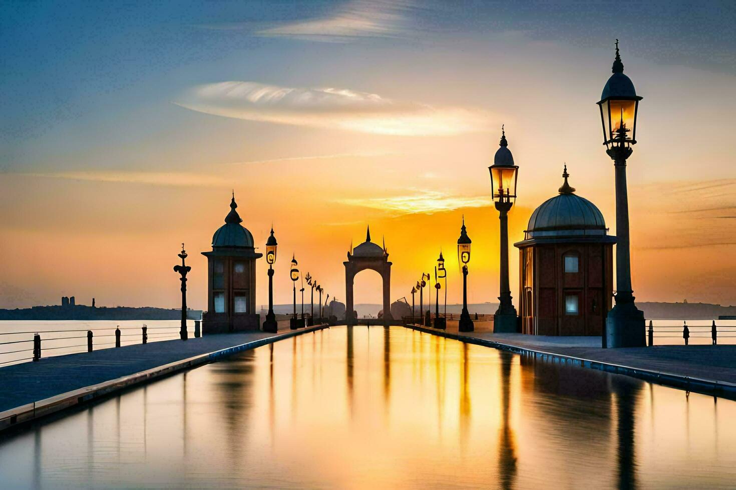 the sunset over the water in front of a bridge. AI-Generated photo