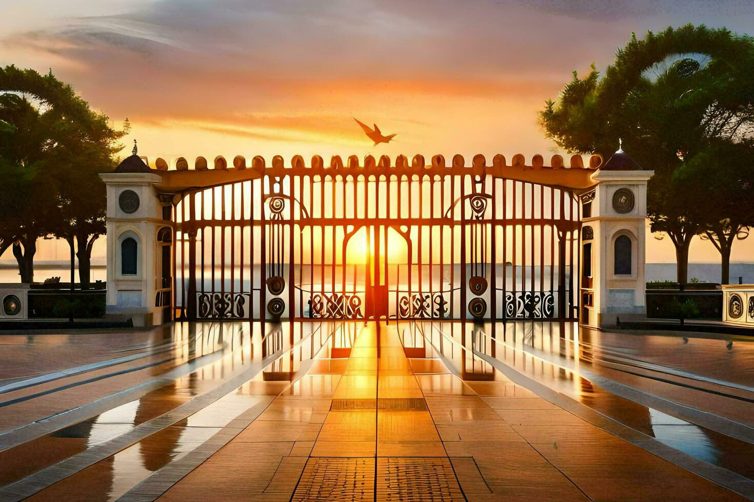 sunset over the sea and a gate. AI-Generated photo