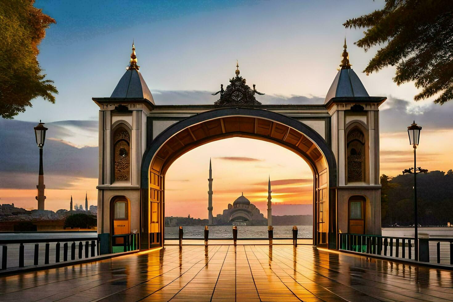 el Entrada a el mezquita a puesta de sol. generado por ai foto