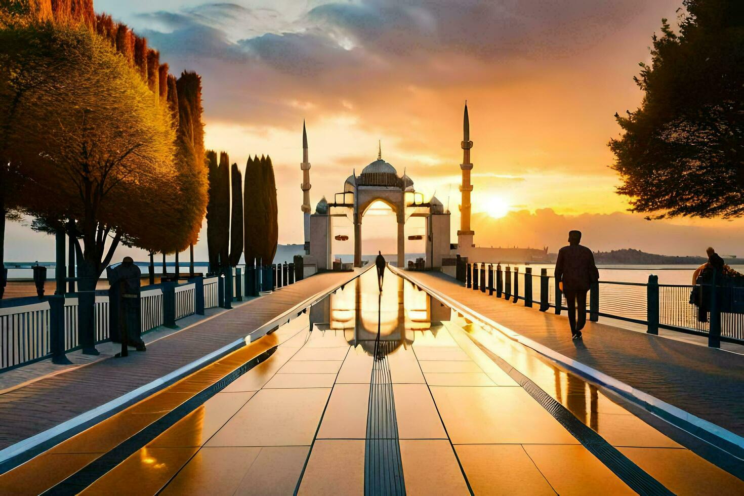 the sun sets over the water and a mosque. AI-Generated photo