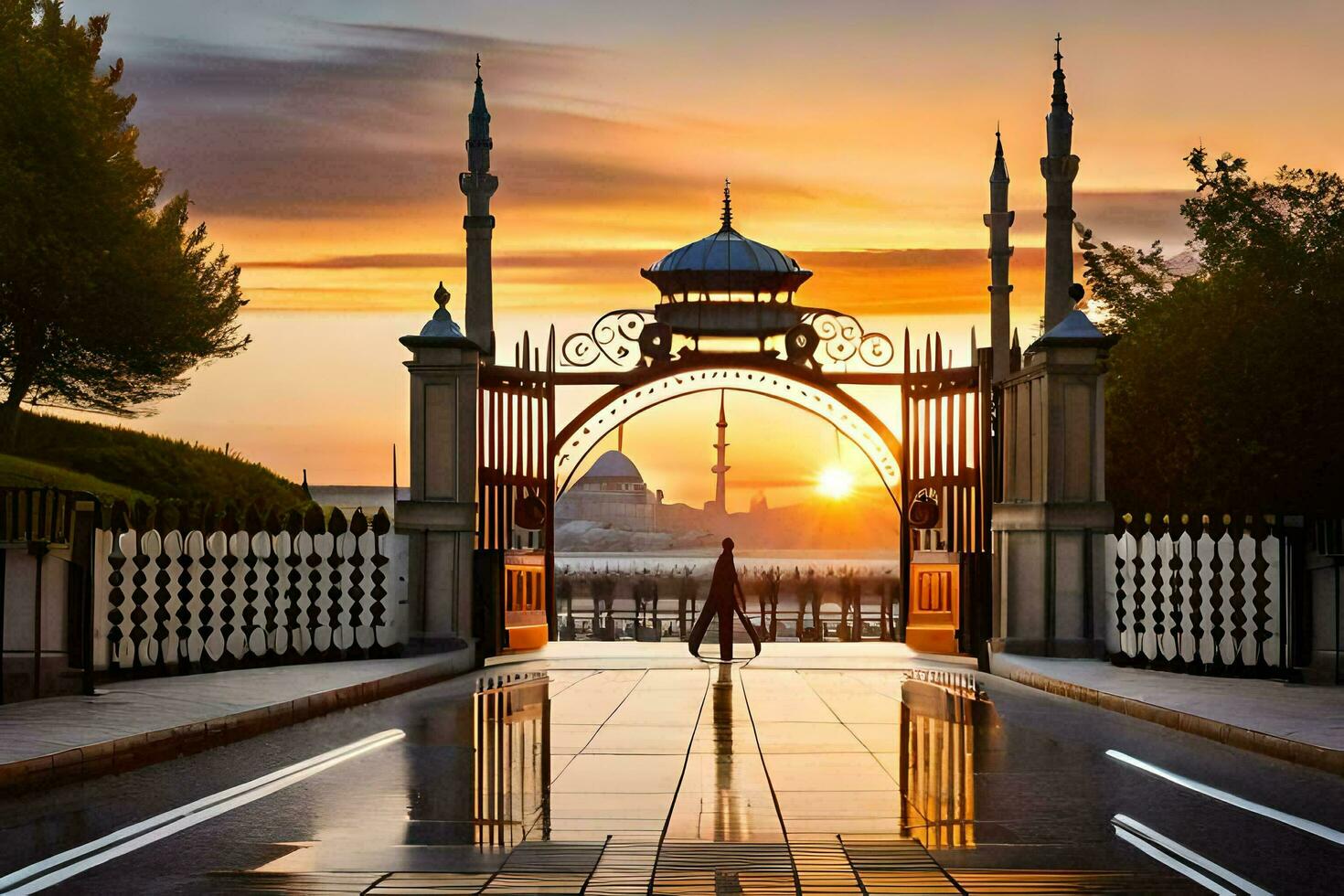 a man walks through an archway at sunset. AI-Generated photo