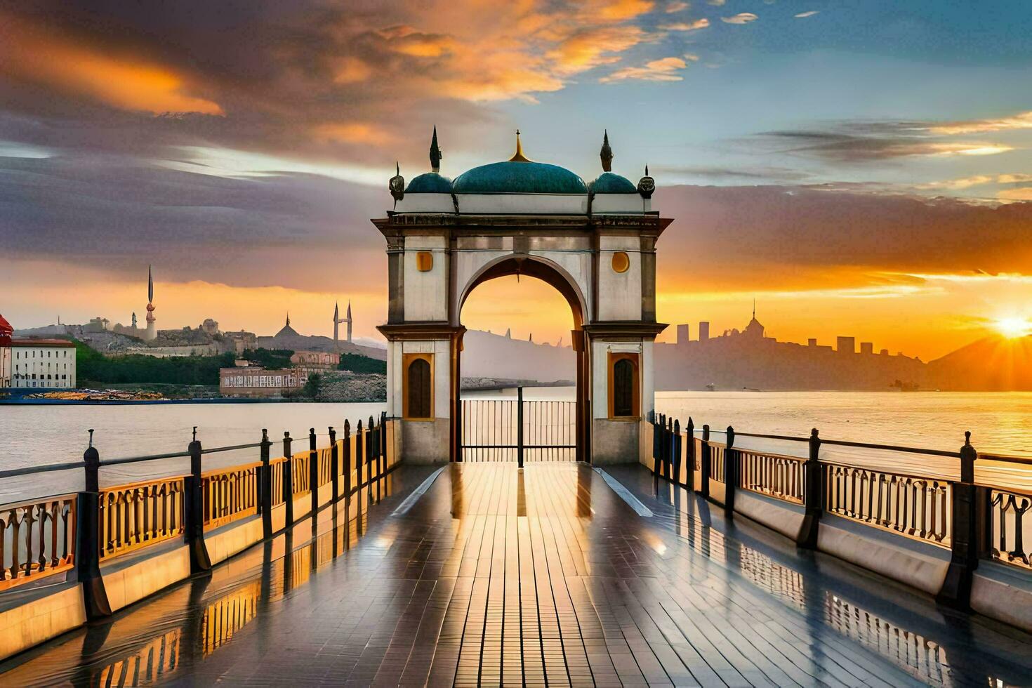 the sun sets over the water and a bridge. AI-Generated photo