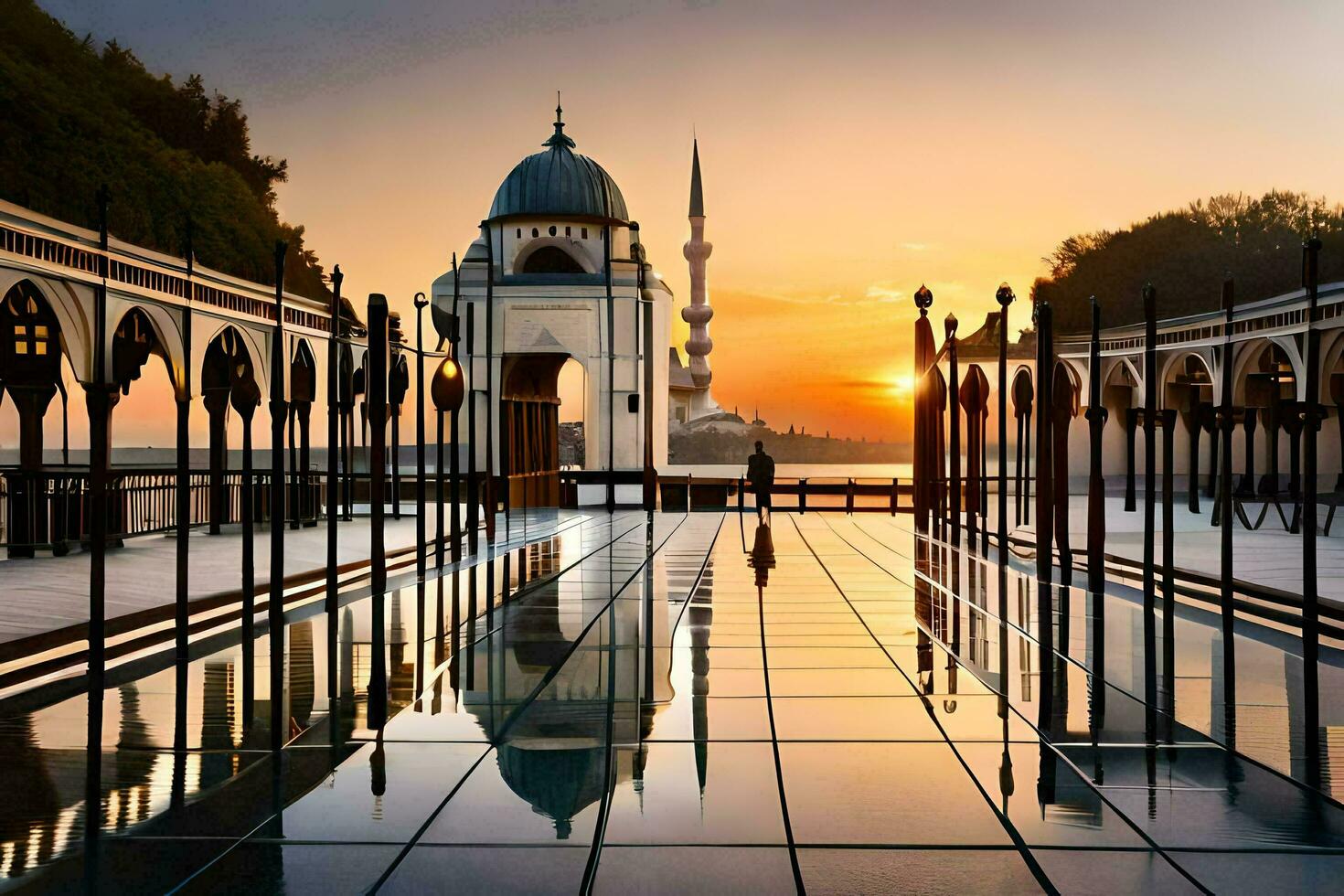 the sun sets over a mosque and a bridge. AI-Generated photo