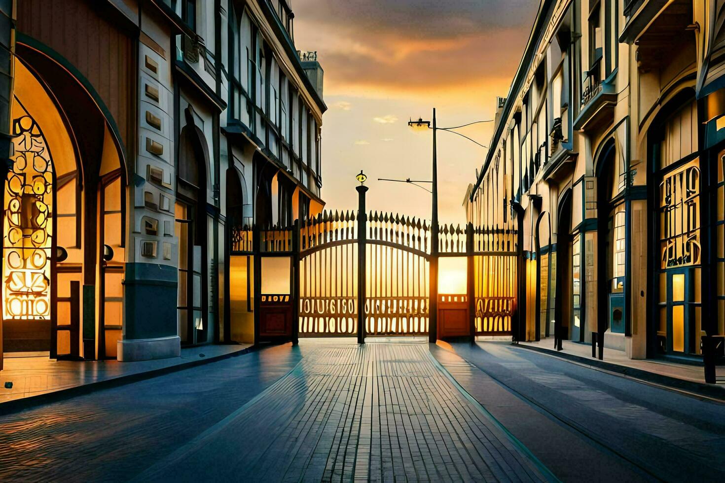a street with a gate at sunset. AI-Generated photo