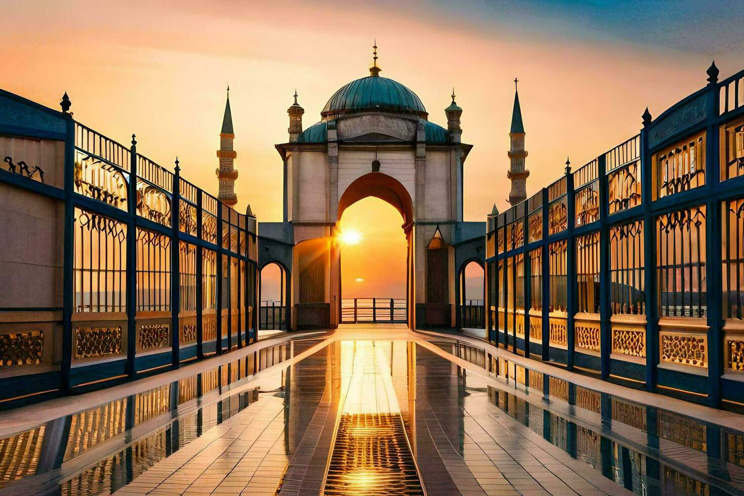 the sun sets behind a mosque in the middle of a city. AI-Generated photo