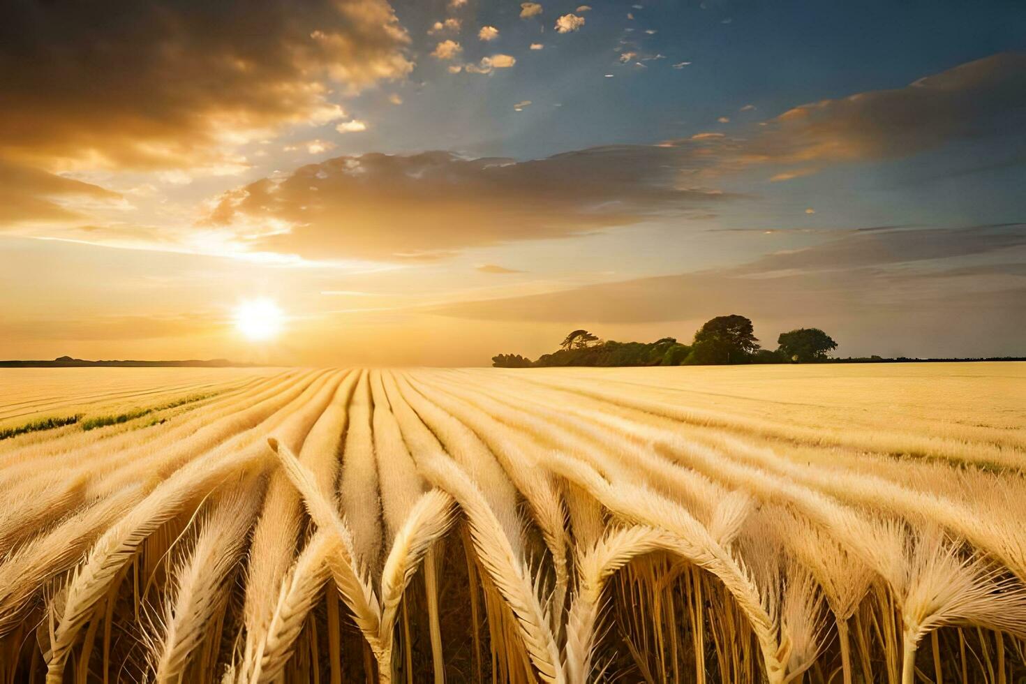 a field of wheat is shown at sunset. AI-Generated photo