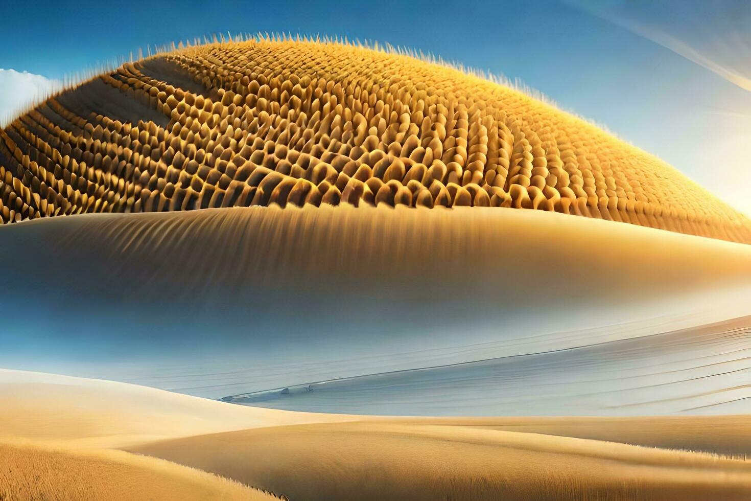 a desert landscape with a sun shining over it. AI-Generated photo