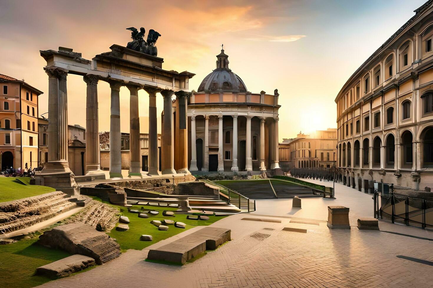 el romano foro a puesta de sol en Roma, Italia. generado por ai foto