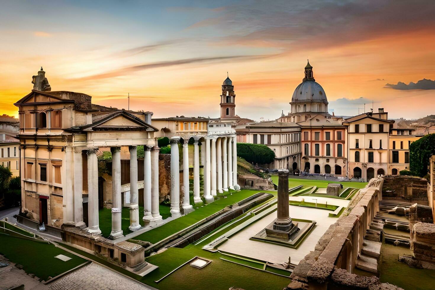 the roman forum and the dome of the colosseum at sunset. AI-Generated photo