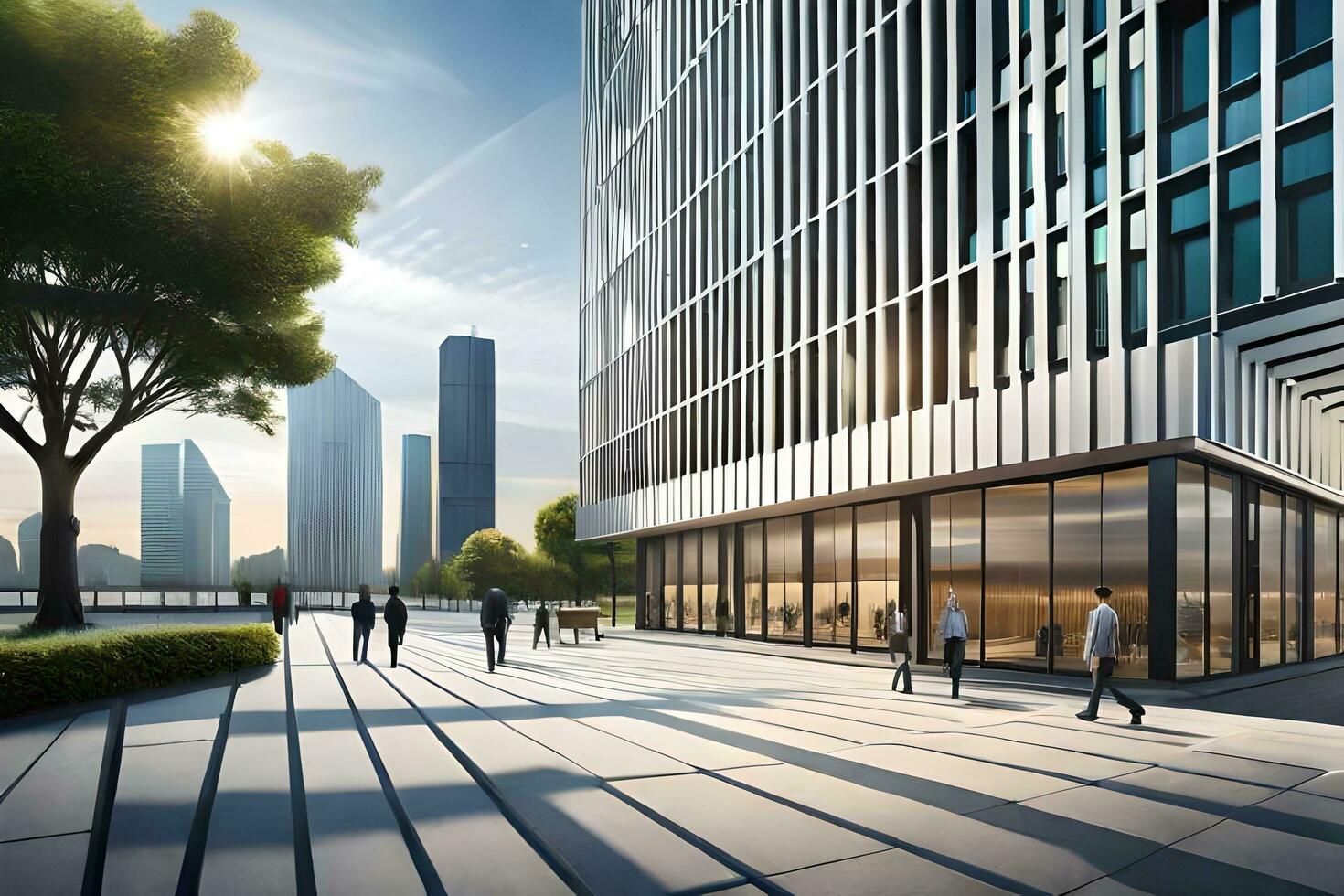 people walk past a building with a large glass facade. AI-Generated photo