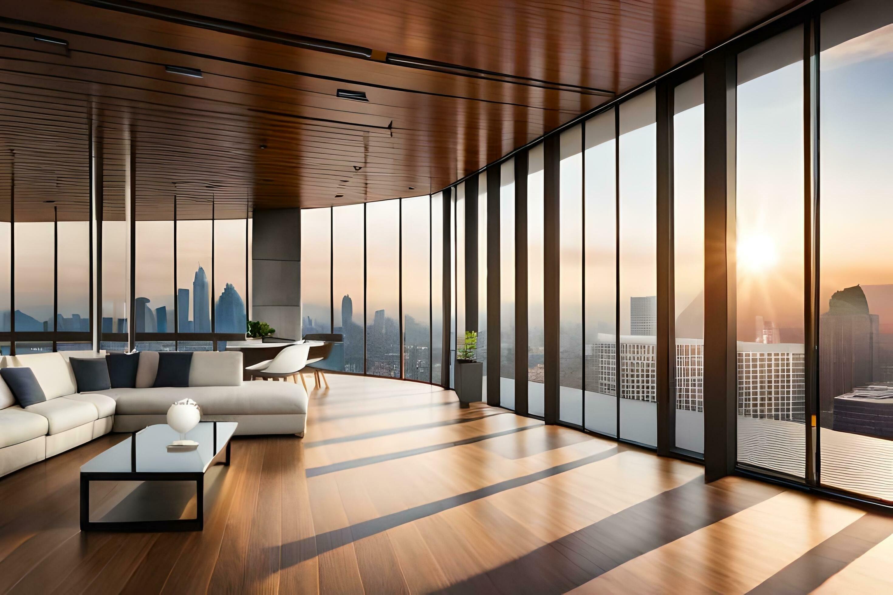 a modern living room with large windows and a view of the city. AI