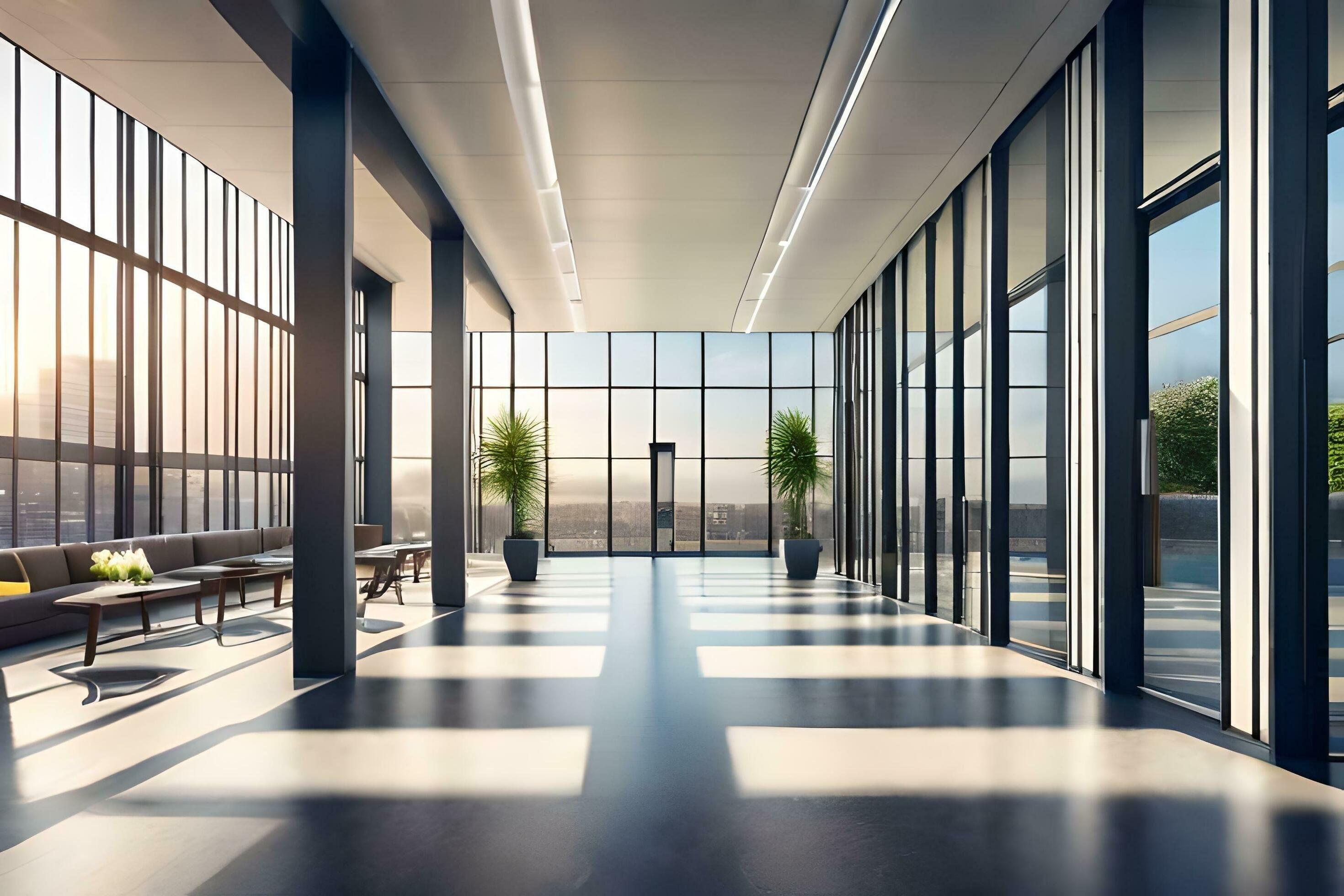 modern office lobby with large windows and floor to ceiling glass walls