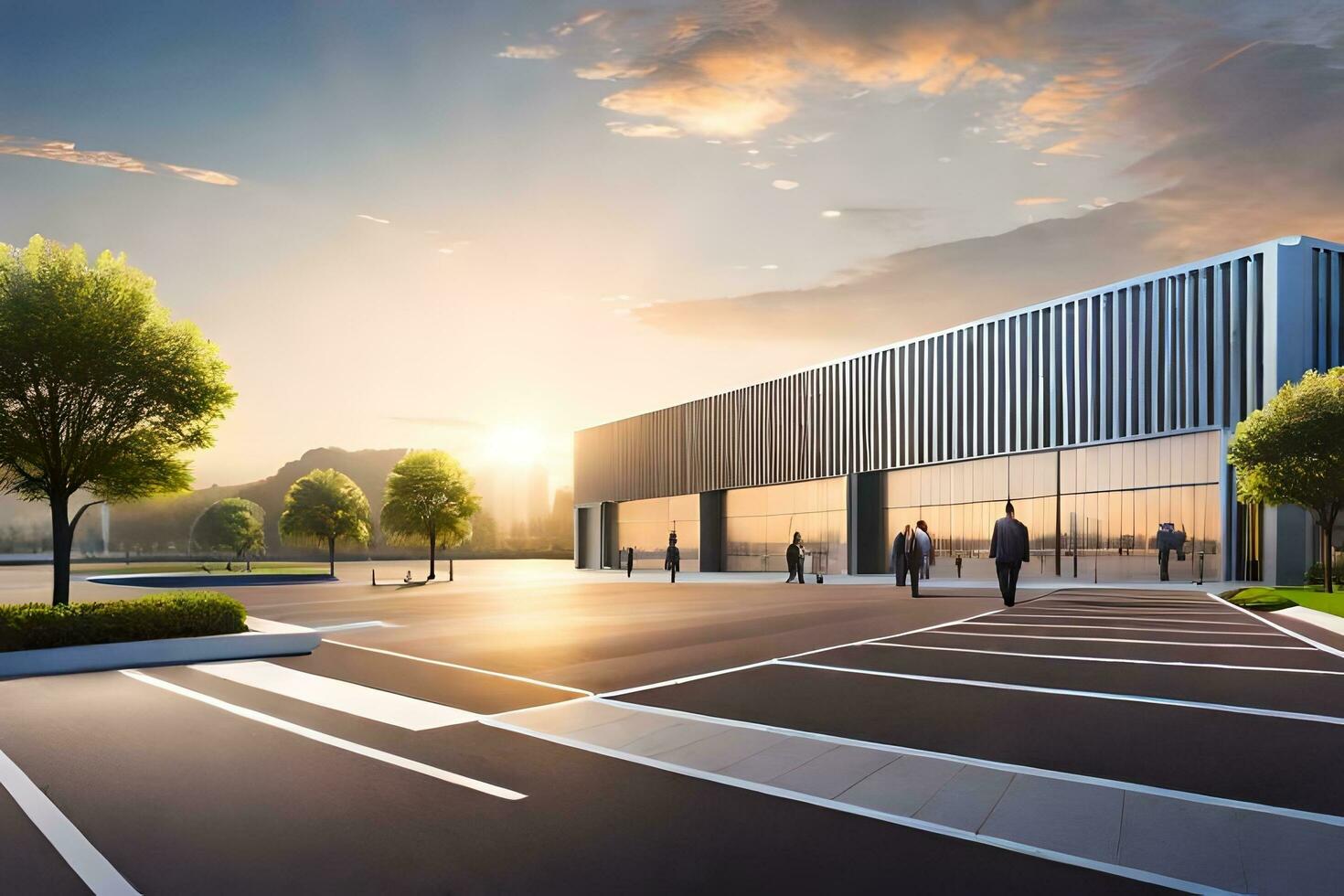an artist's rendering of a modern building with people walking in front of it. AI-Generated photo