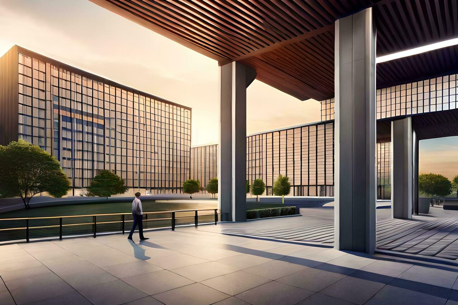 a rendering of a building with a large courtyard. AI-Generated photo