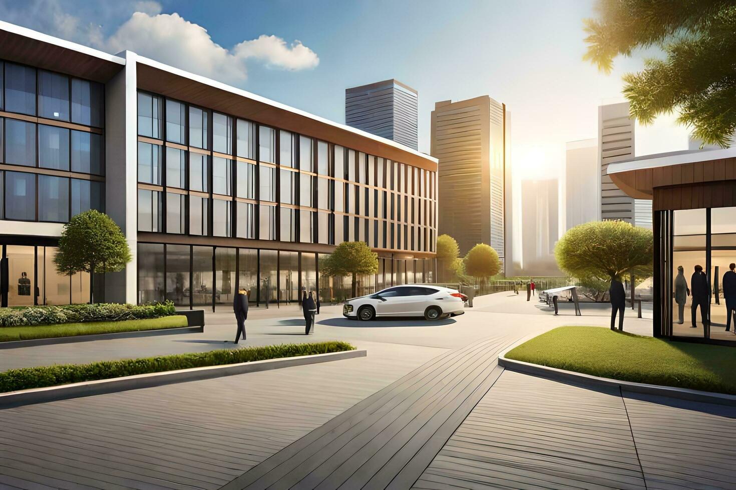 a rendering of a modern office building with people walking around. AI-Generated photo