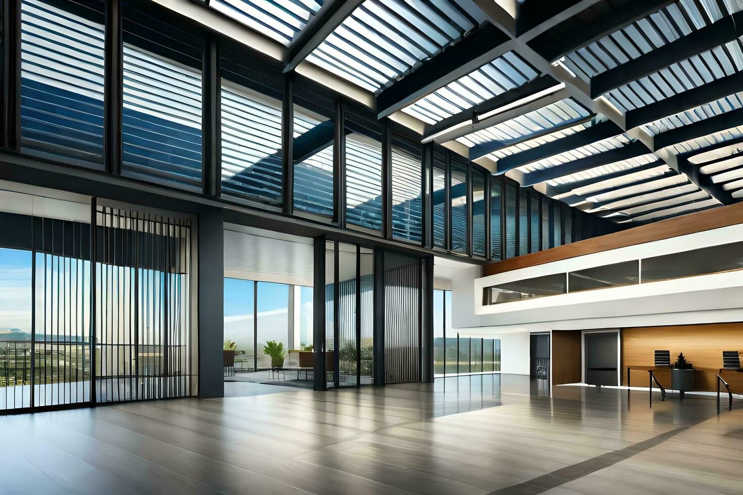 modern office with large windows and large floor to ceiling glass walls