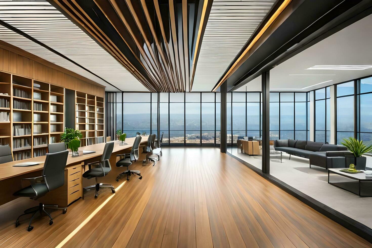 moderno oficina con de madera pisos y grande ventanas generado por ai foto