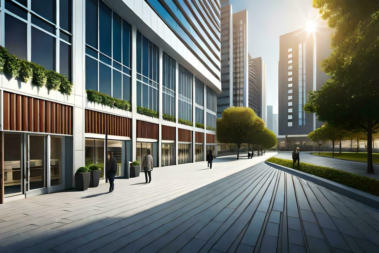 a rendering of a city street with people walking. AI-Generated photo