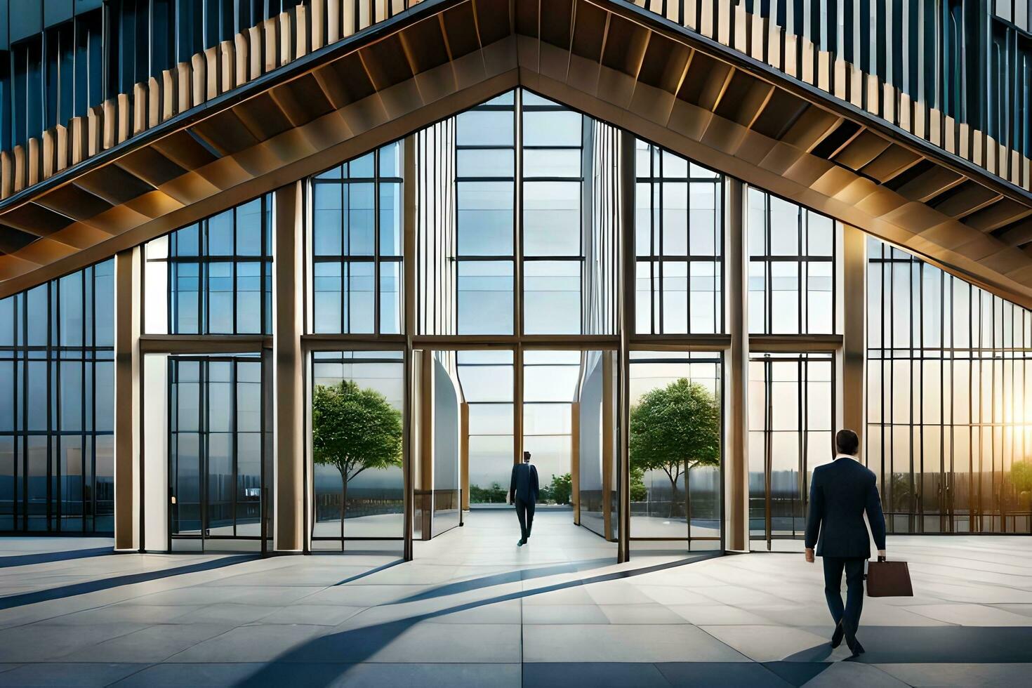 a man walking through an open lobby with large windows. AI-Generated photo