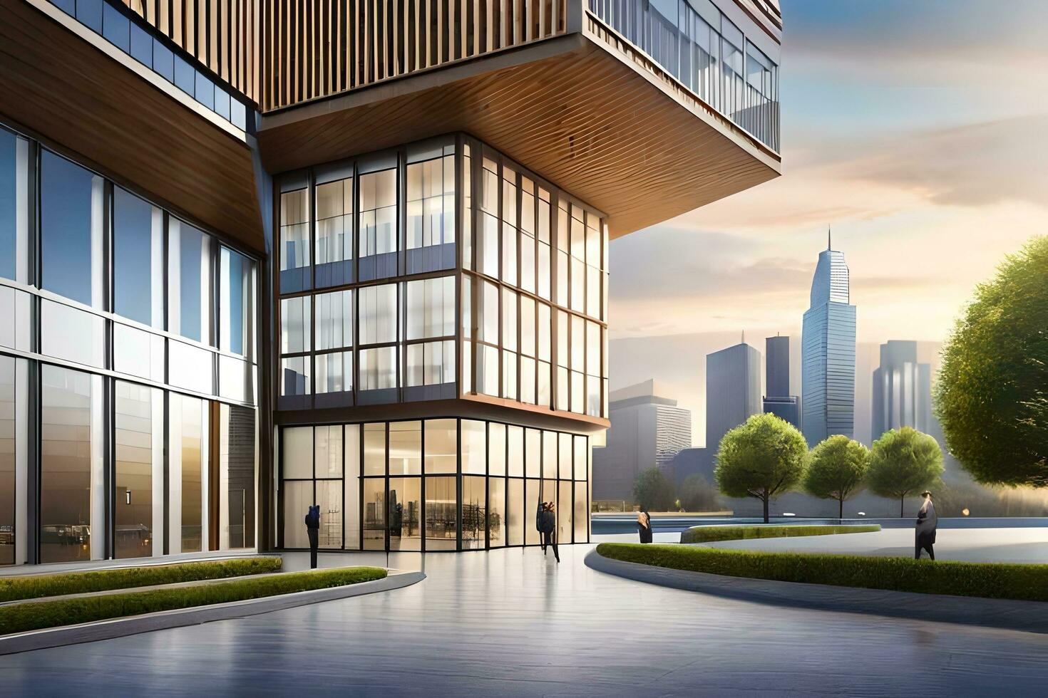 a rendering of a modern office building with trees and people walking around. AI-Generated photo