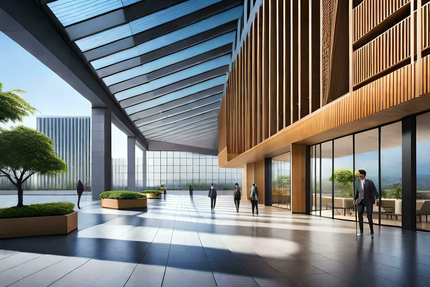 the lobby of a building with large windows. AI-Generated photo