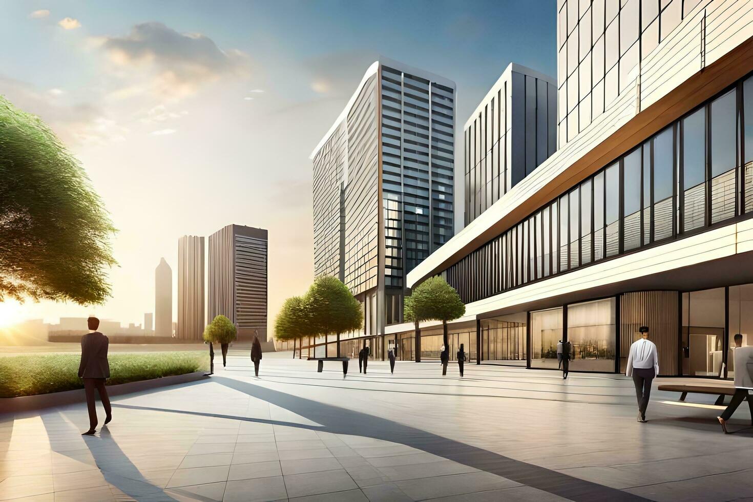 a rendering of a city street with people walking. AI-Generated photo