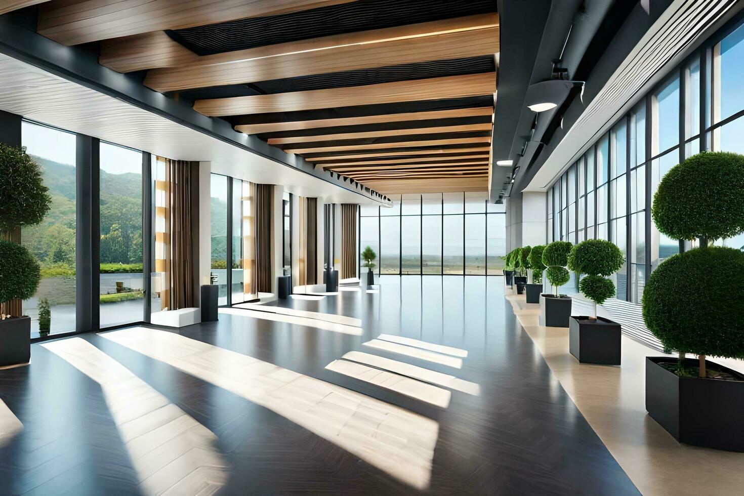 modern office lobby with large windows and wooden floors. AI-Generated photo