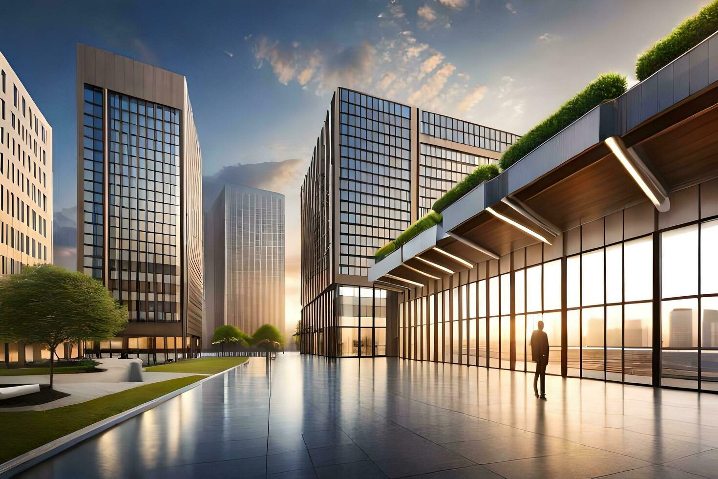a rendering of a modern office building with a large glass wall. AI-Generated photo