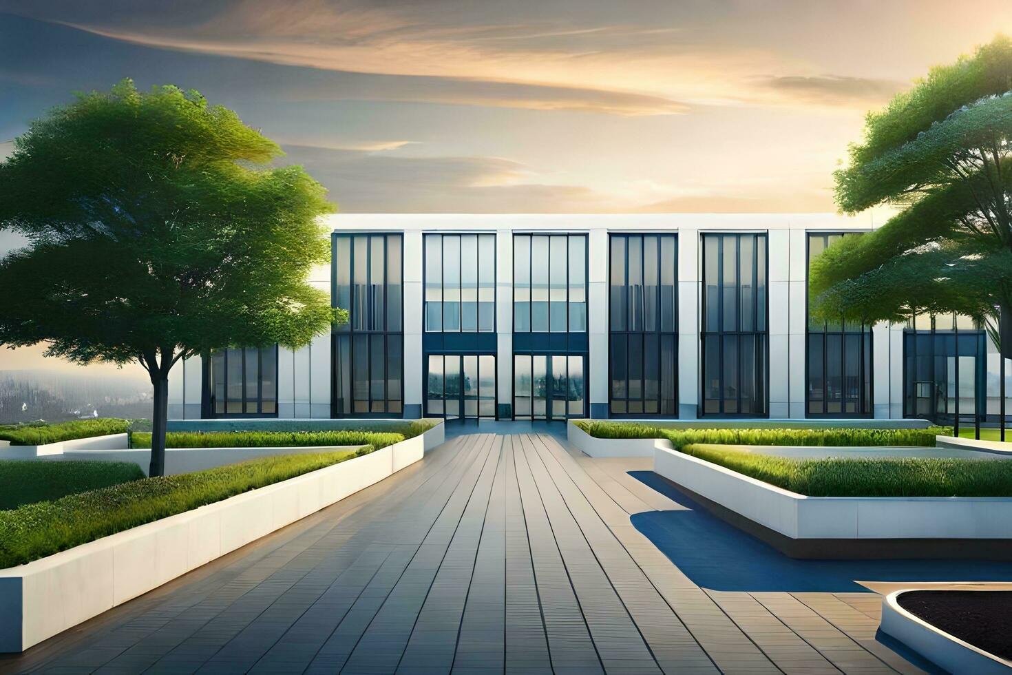 modern office building with landscaping and trees. AI-Generated photo