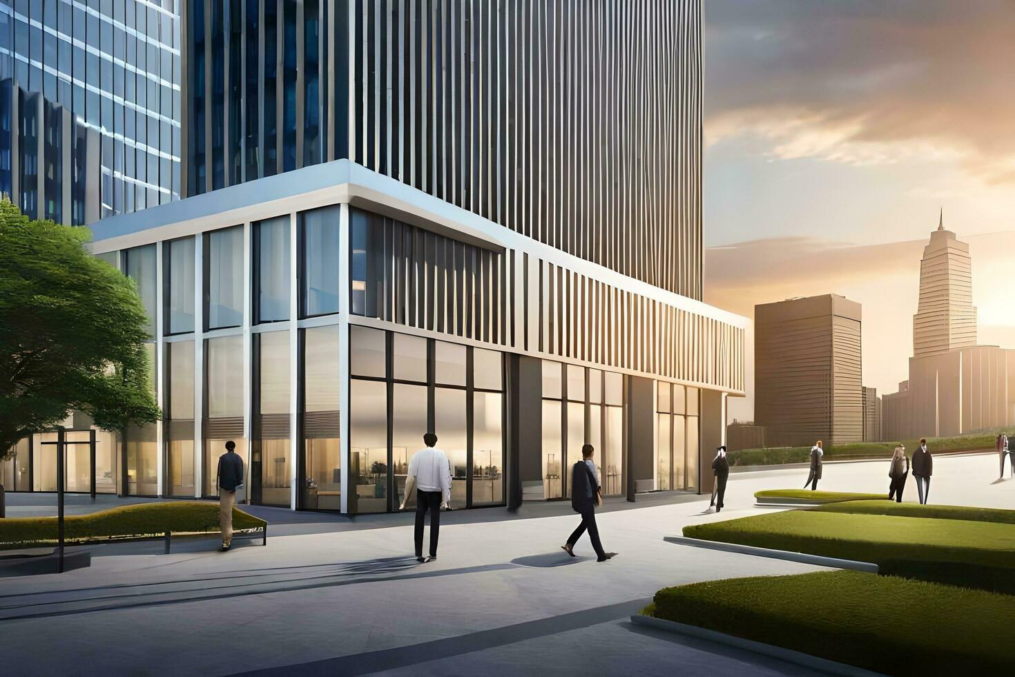 people walking in front of a large building. AI-Generated photo