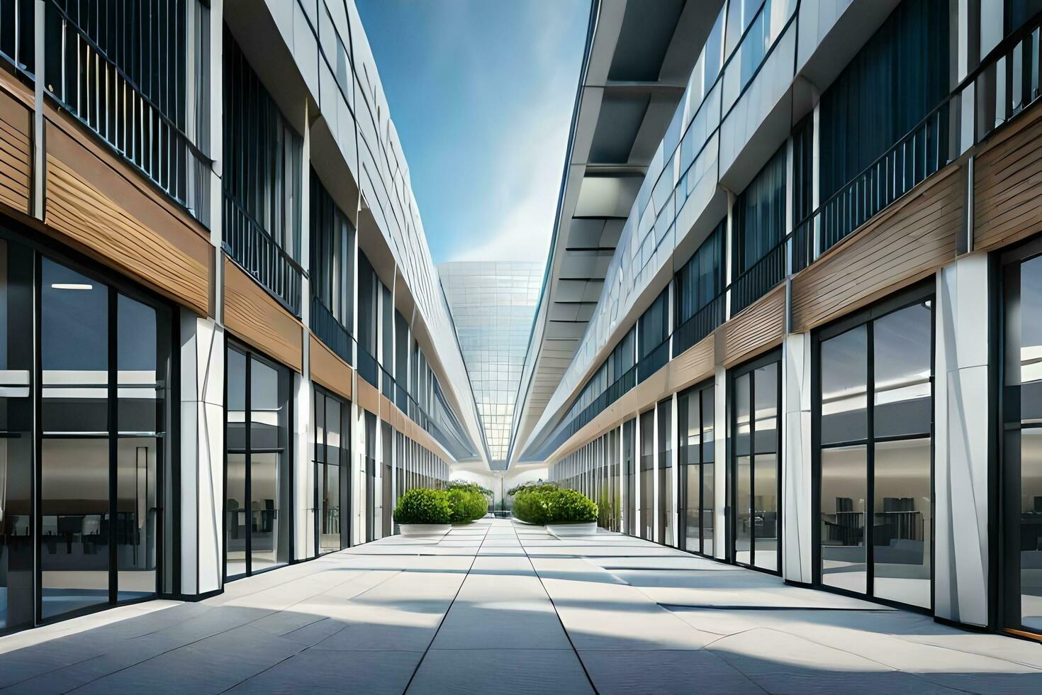 a long walkway between two buildings with glass windows. AI-Generated photo