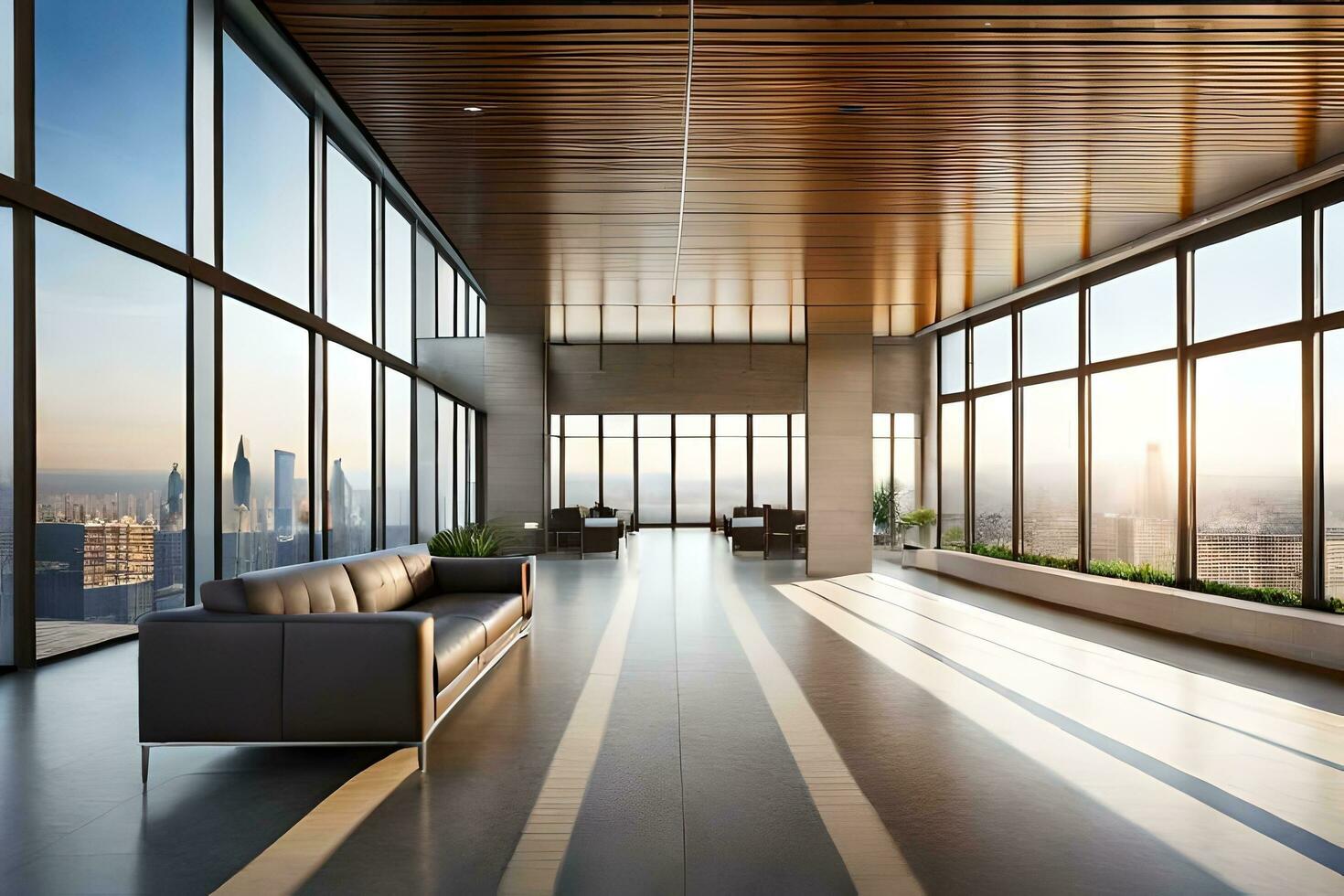 modern office lobby with large windows and a view of the city. AI-Generated photo