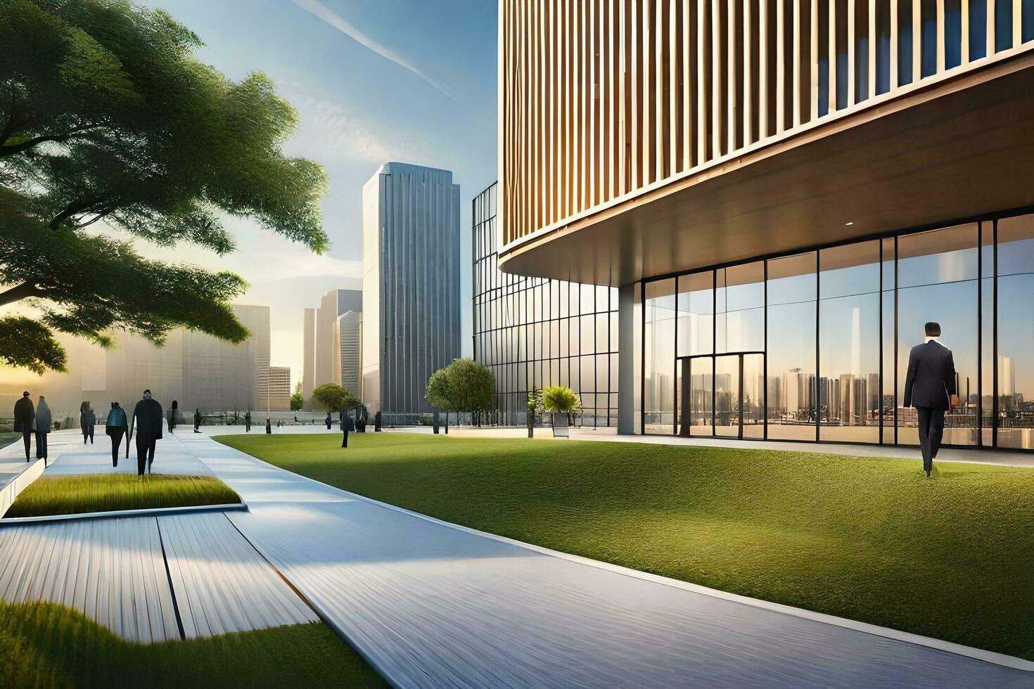 a rendering of a building with people walking on the grass. AI-Generated photo