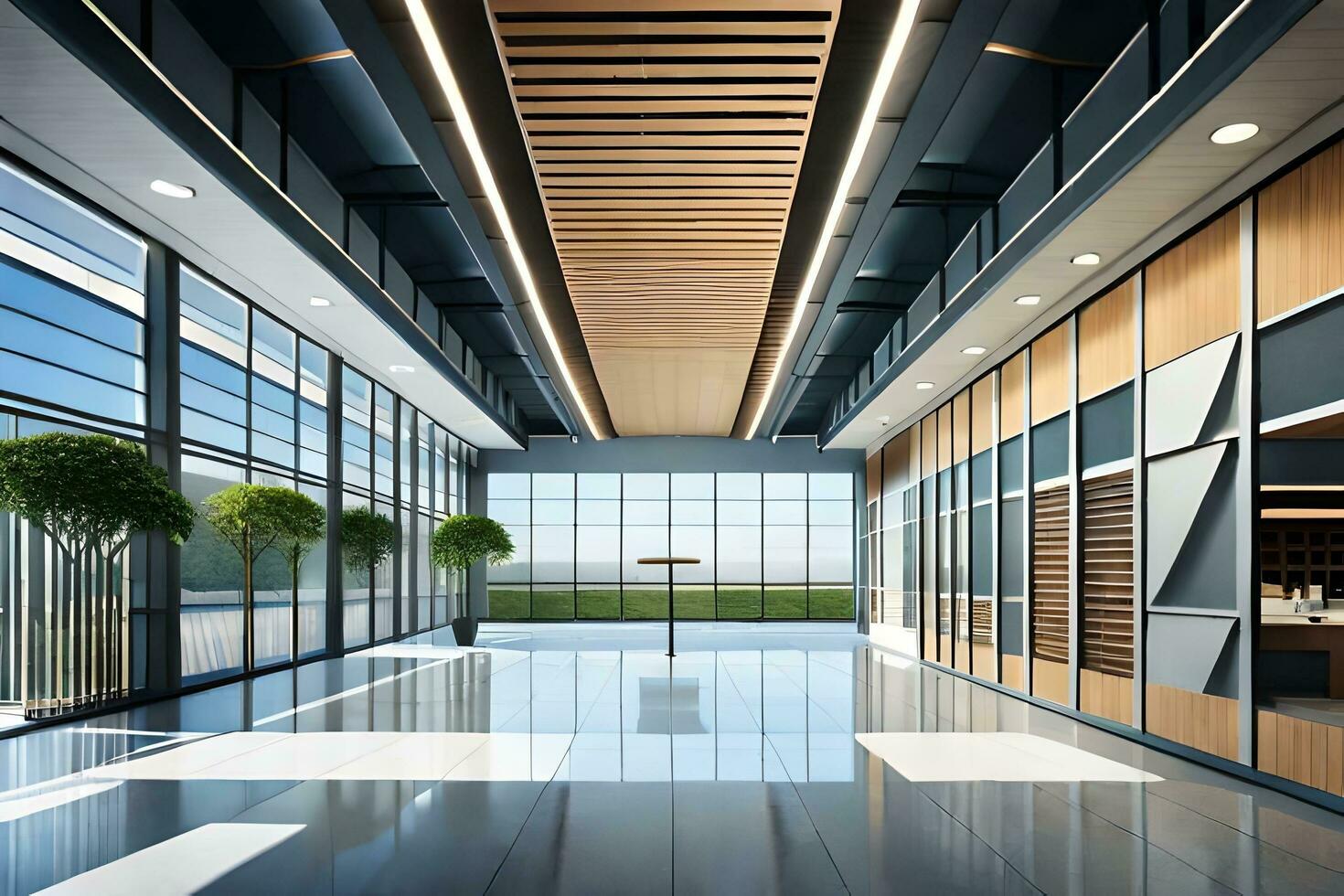 modern office lobby with large windows and wooden ceiling. AI-Generated photo