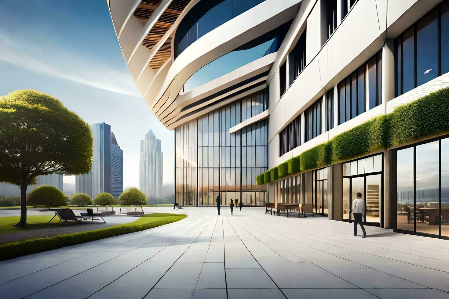 a modern office building with a large glass facade. AI-Generated photo