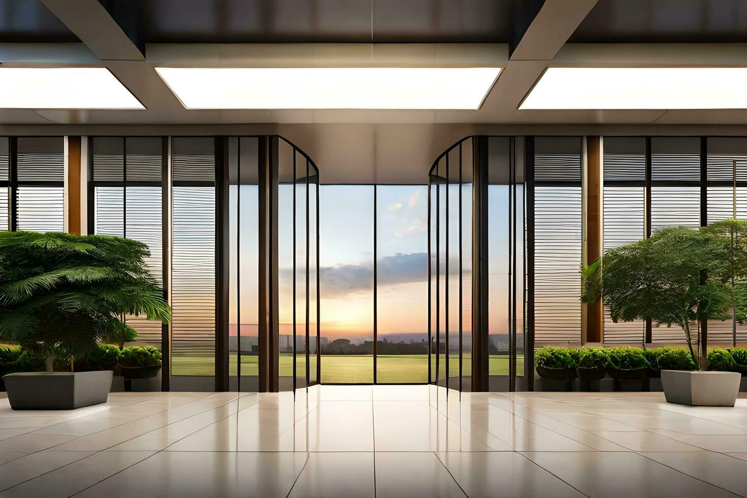 modern office lobby with large windows and potted plants. AI-Generated photo
