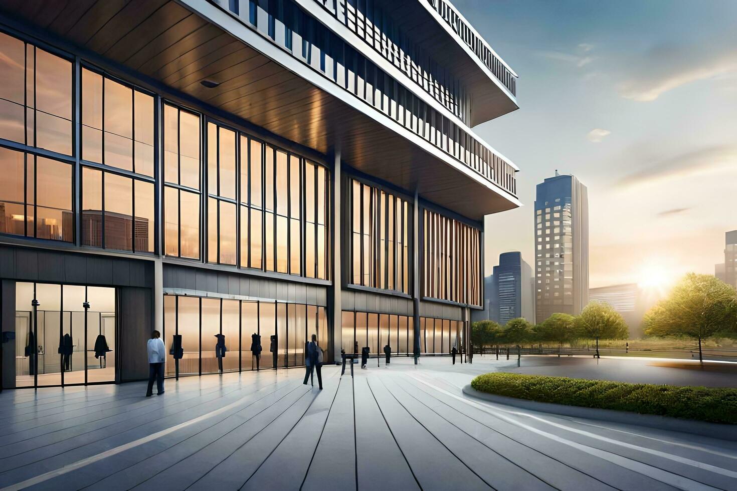a rendering of a building with people walking around. AI-Generated photo