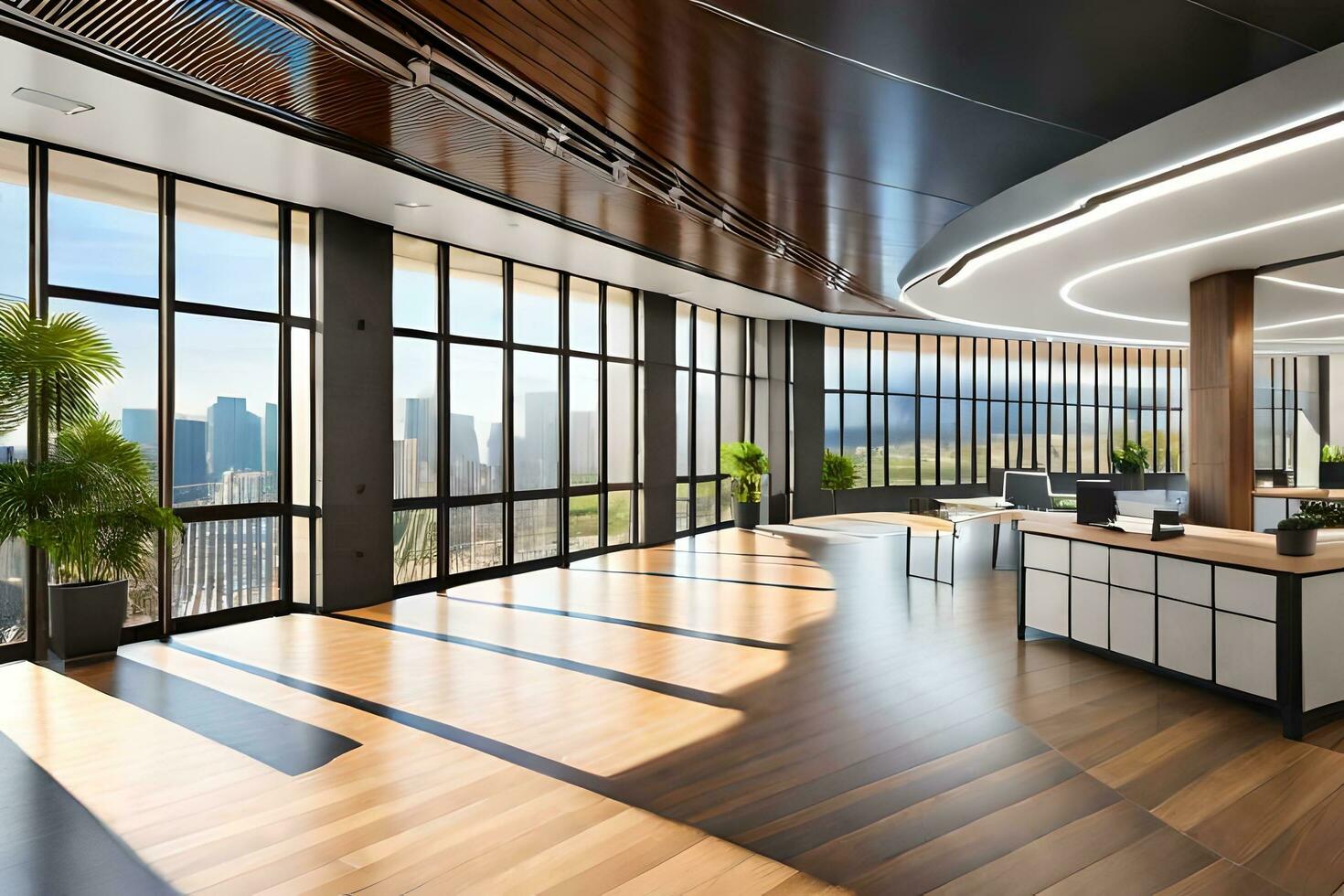 a modern office with a large reception desk. AI-Generated photo