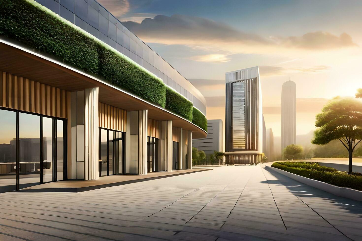 a rendering of a modern building with a green roof. AI-Generated photo