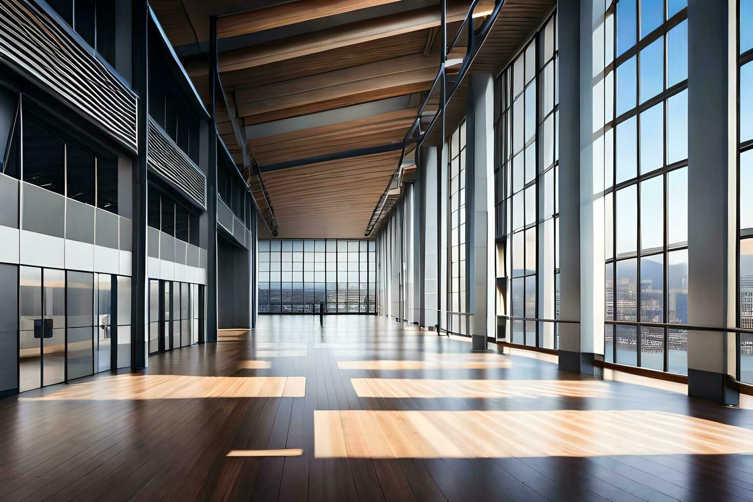 a long hallway with large windows and wood floors. AI-Generated photo