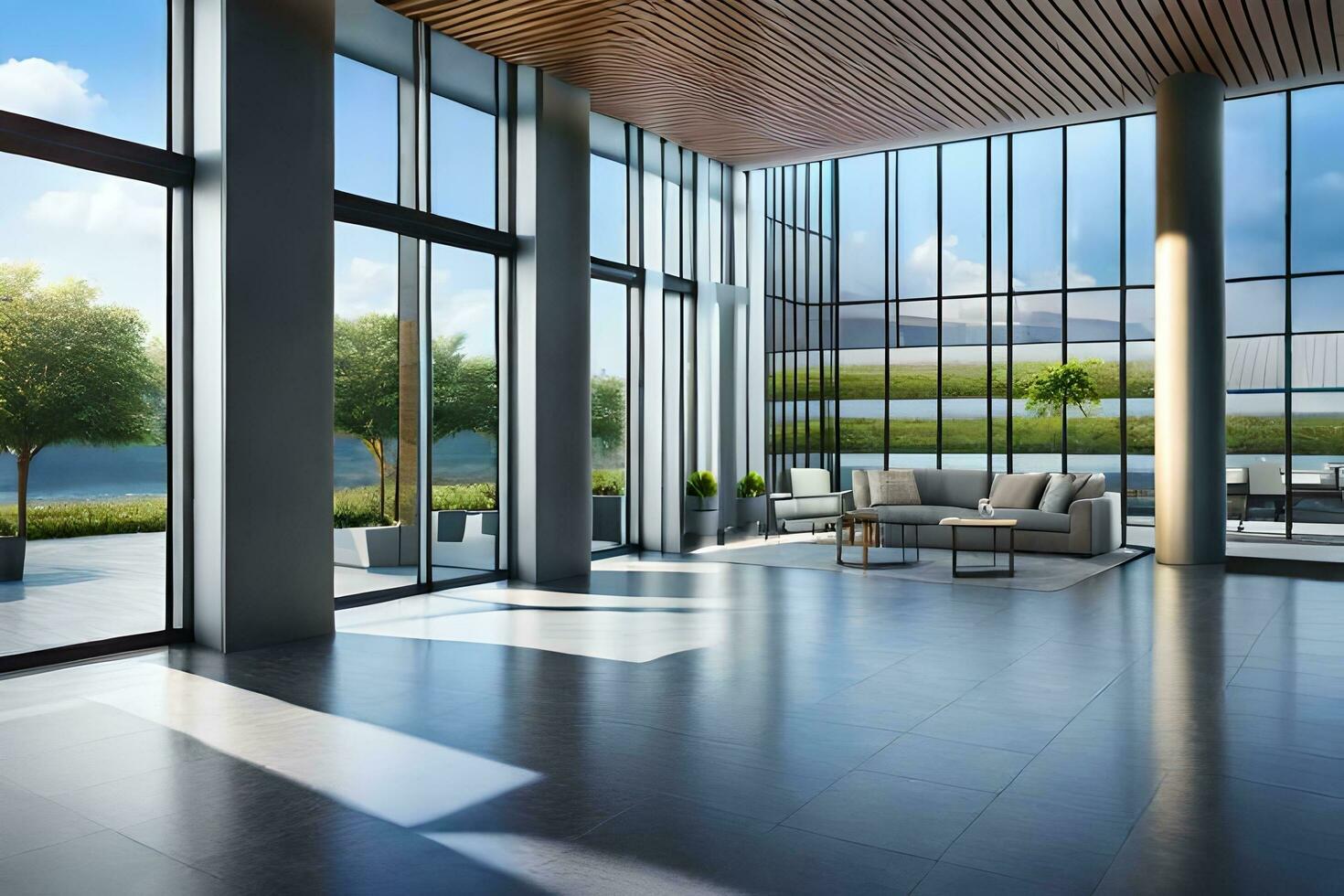 a modern living room with large windows and a view of the water. AI-Generated photo