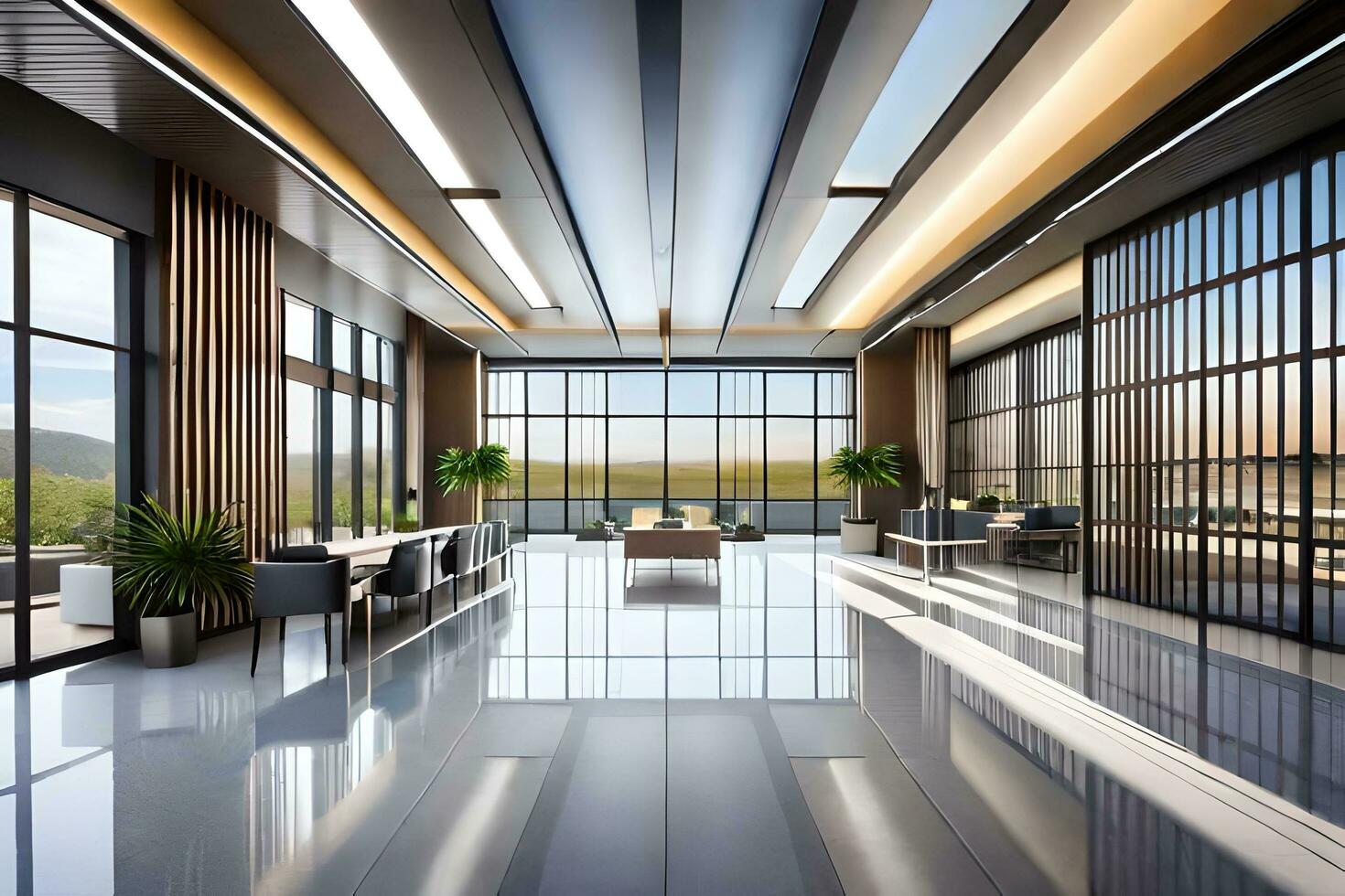 modern office lobby with large windows and large floor to ceiling windows. AI-Generated photo