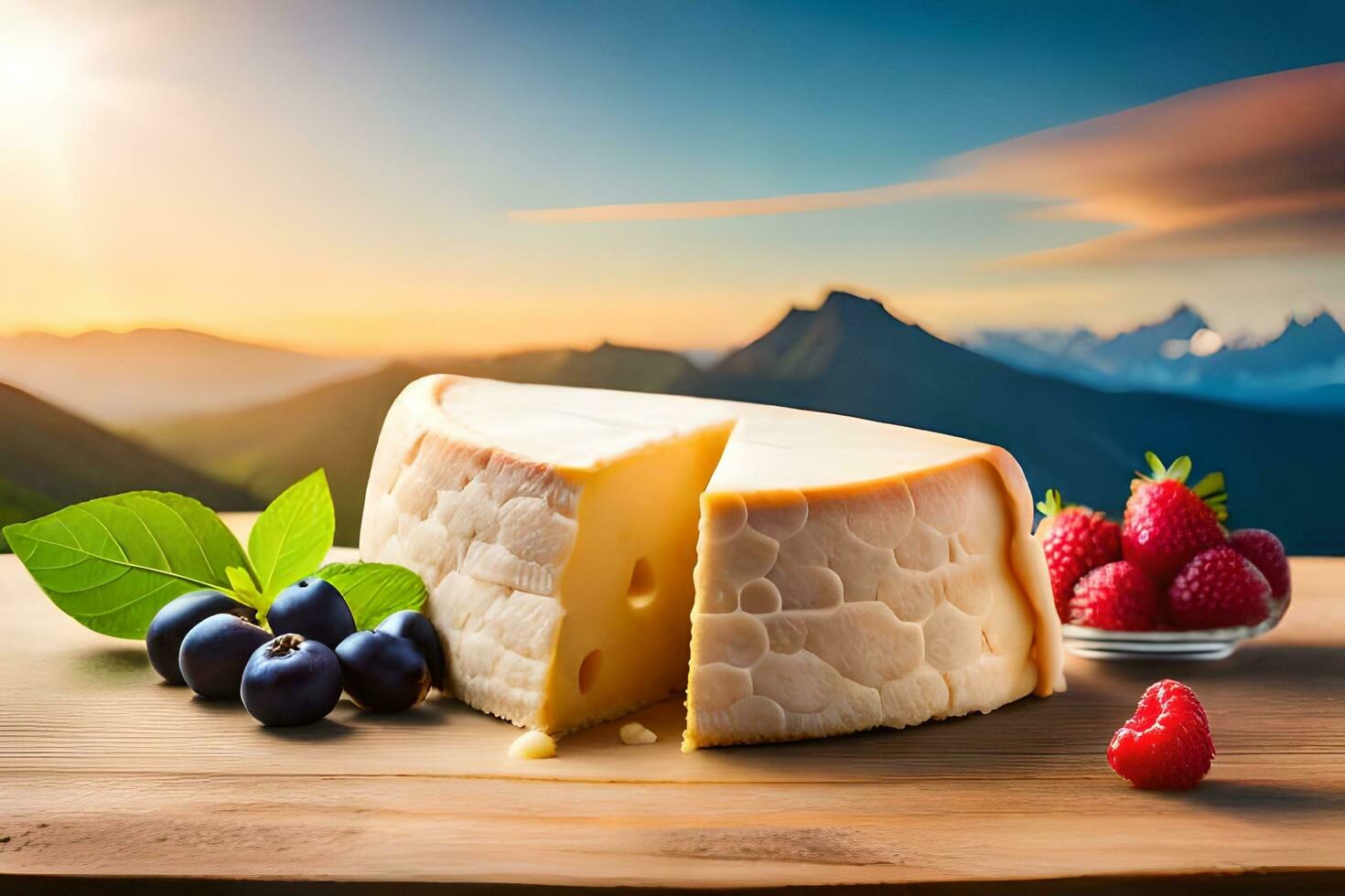 queso con bayas y bayas en un de madera mesa. generado por ai foto