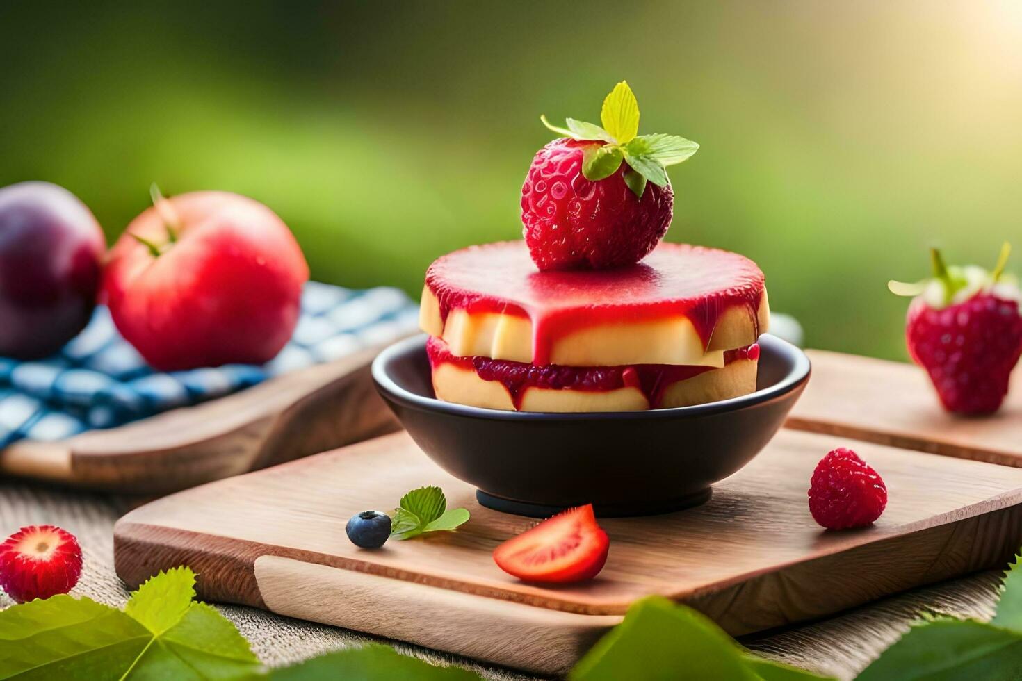 a dessert with strawberries and raspberries on a wooden board. AI-Generated photo