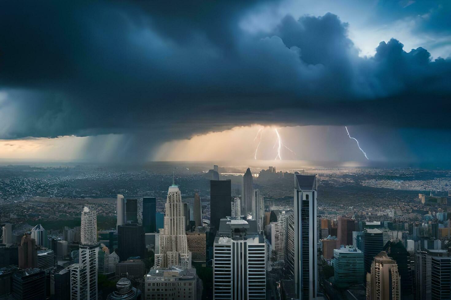 a storm is seen over a city with lightning. AI-Generated photo