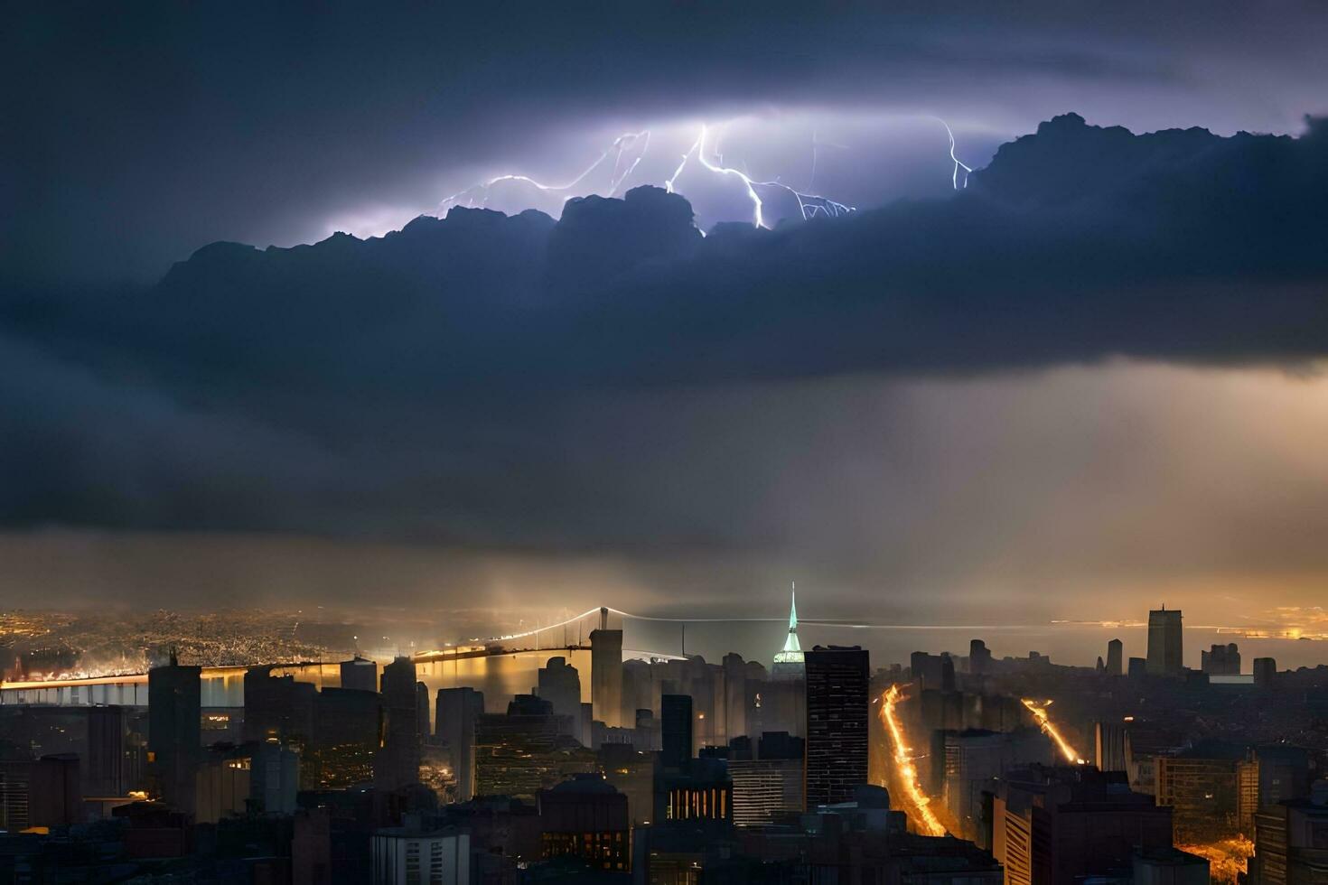 lightning strikes over new york city. AI-Generated photo